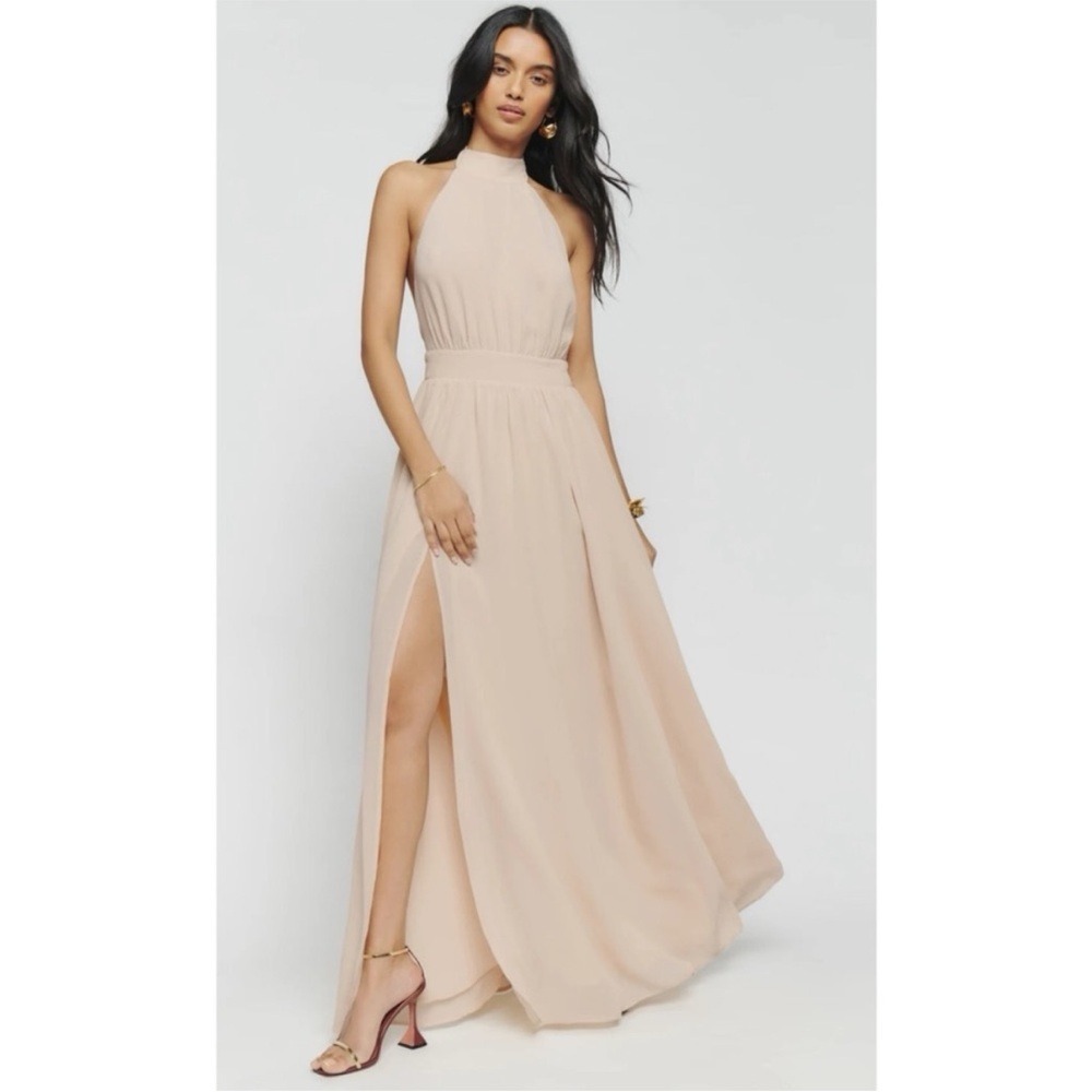 Reformation High Halter Neck‎ Open Back Maxi Dress Blush Nude Formal Gown